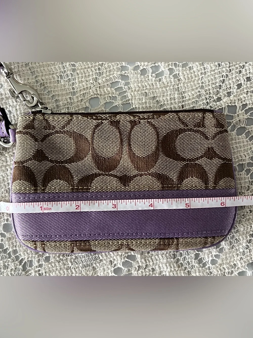 Coach Brown Signature Canvas Wristlet with Lavender Trim